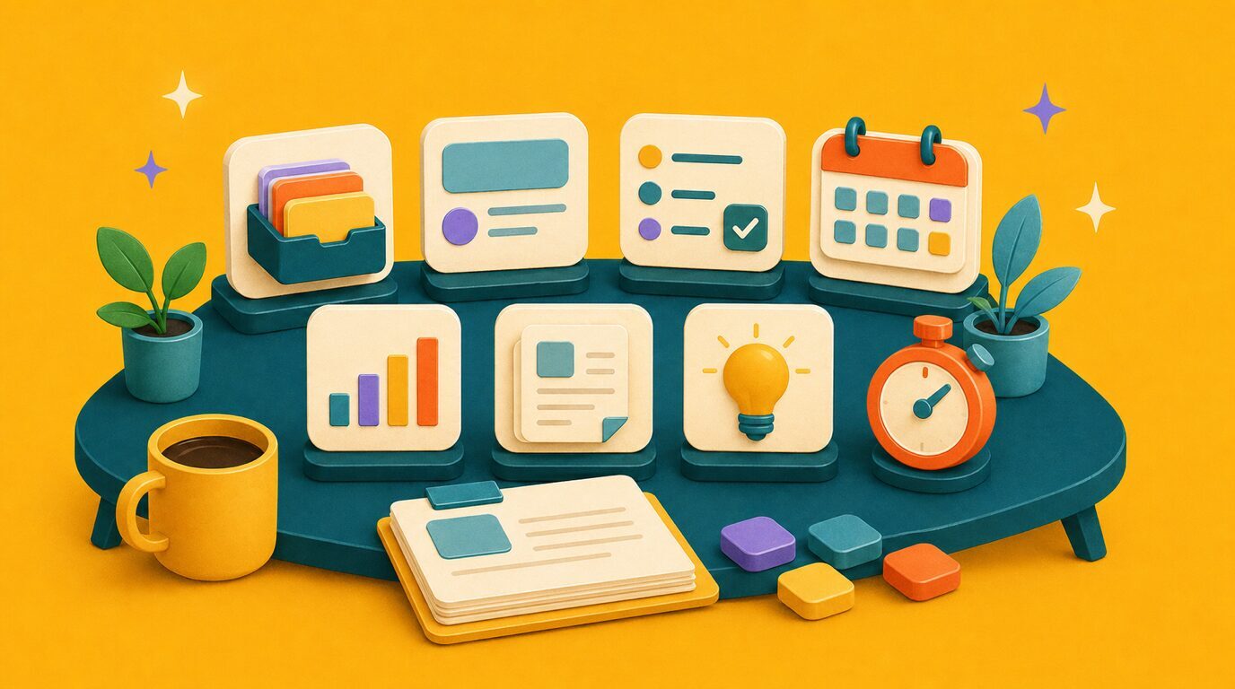 Illustratie van zeven praktische AI quick wins als taakkaarten op een werkbank