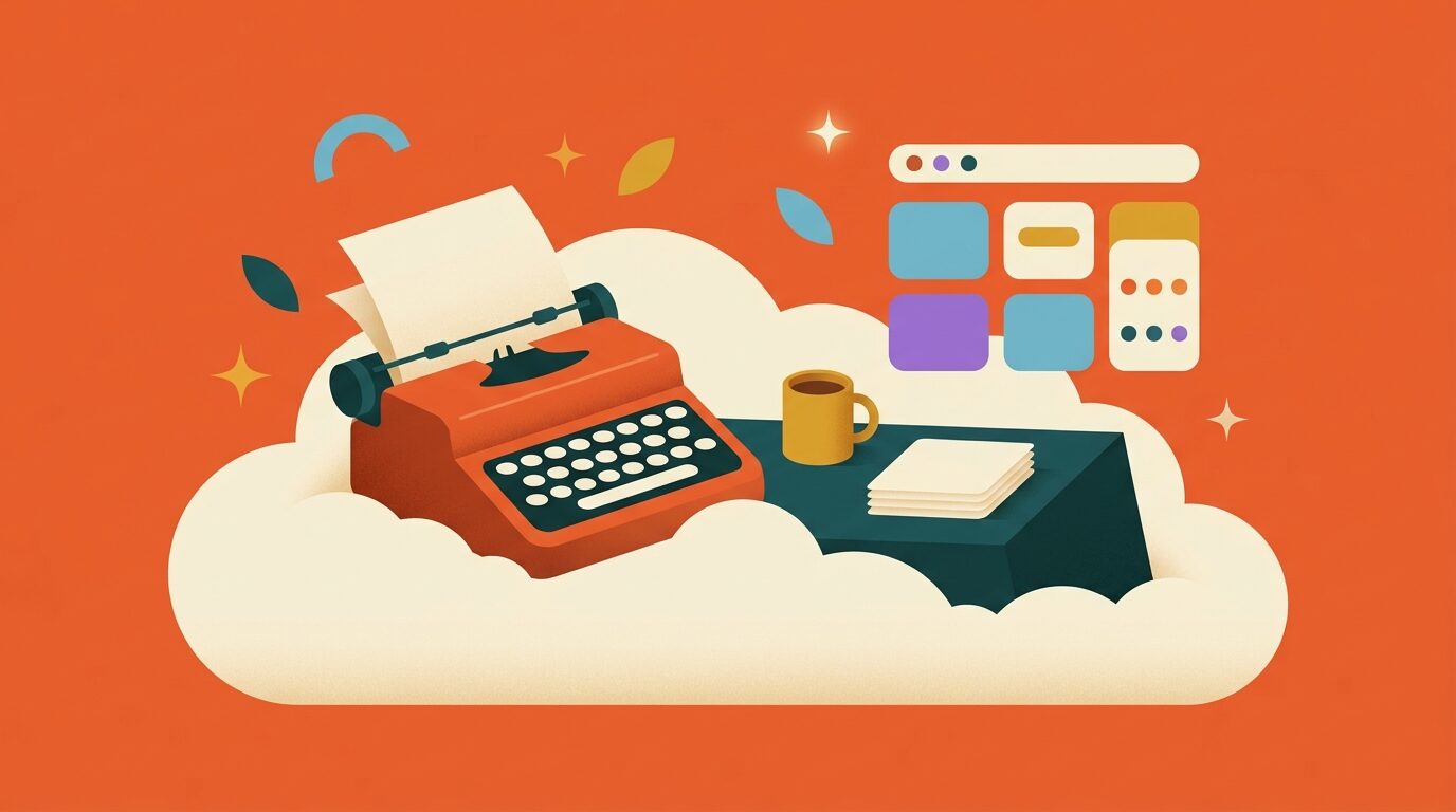 Illustratie van AI-marketingproductiviteit met typewriter, contentkaarten en dashboard