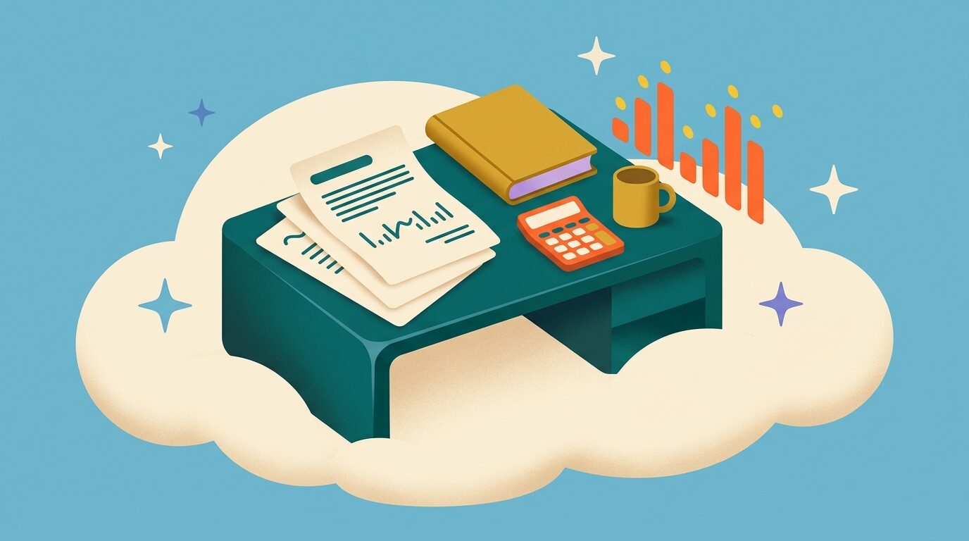 Illustratie van AI voor finance met rapporten, calculator en forecasting