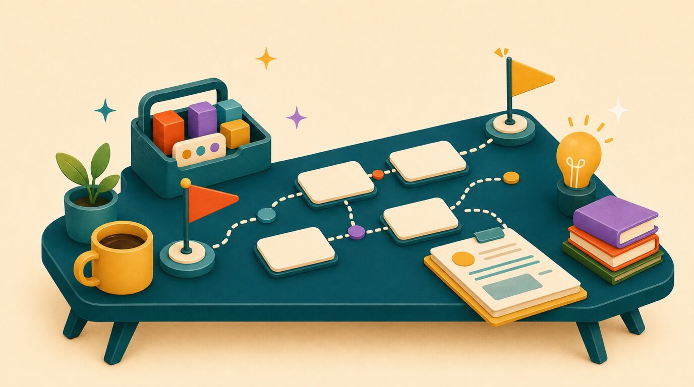 Illustratie van een AI-startplan met routekaarten, toolbox en documenten