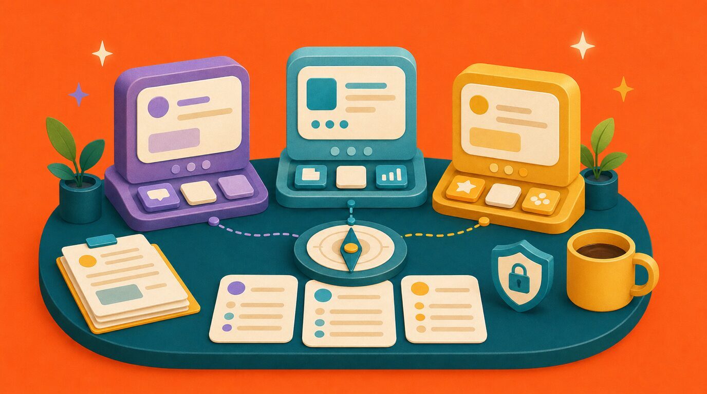 Illustratie van drie abstracte AI-tools met een keuze-kompas en privacyshield