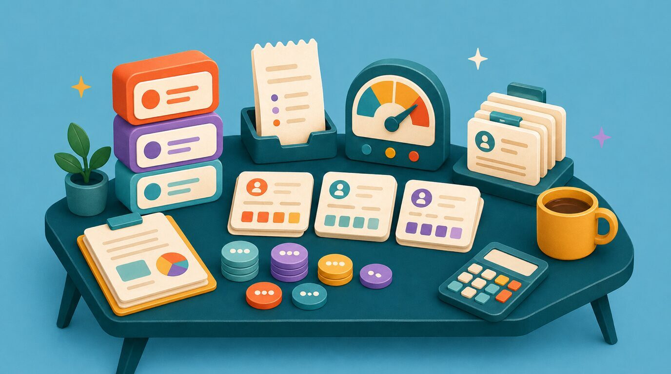 Illustratie van verborgen AI-abonnementskosten met licentiekaarten, kostenmeter en tokenchips