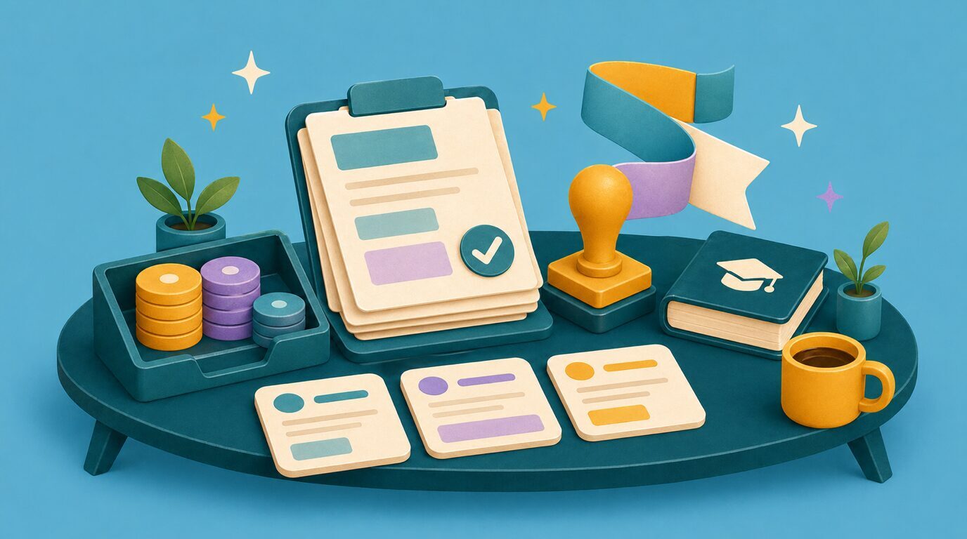 Illustratie van VLAIO-steun voor AI met aanvraagdocumenten, stempel en subsidiechips