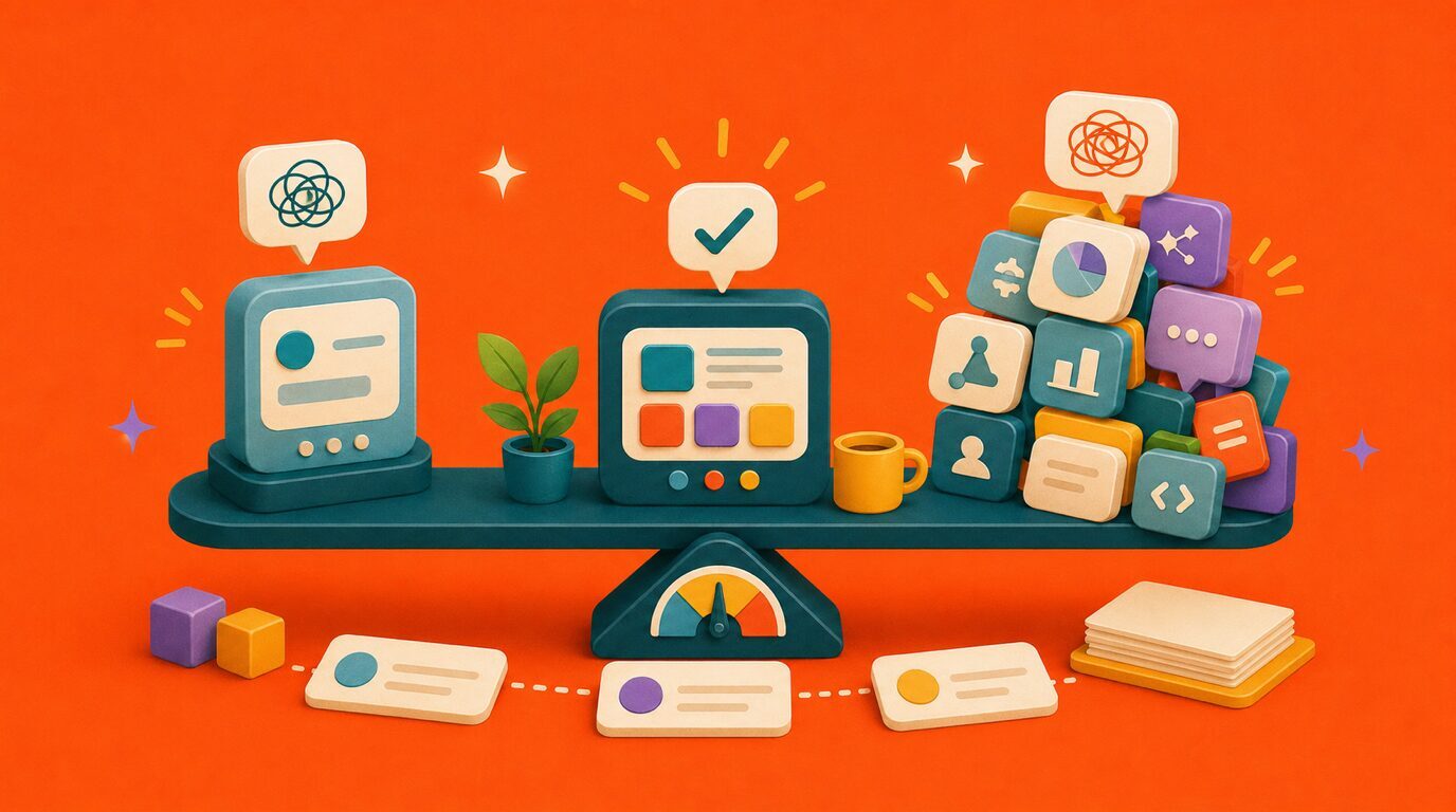 Illustratie van een gebalanceerde AI-toolstack tussen te weinig en te veel tools