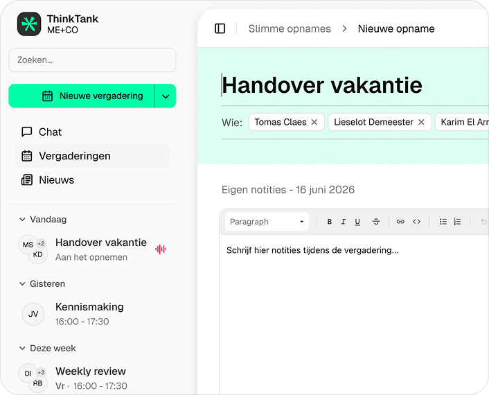 ThinkTank transcripts dashboard met meetingoverzicht
