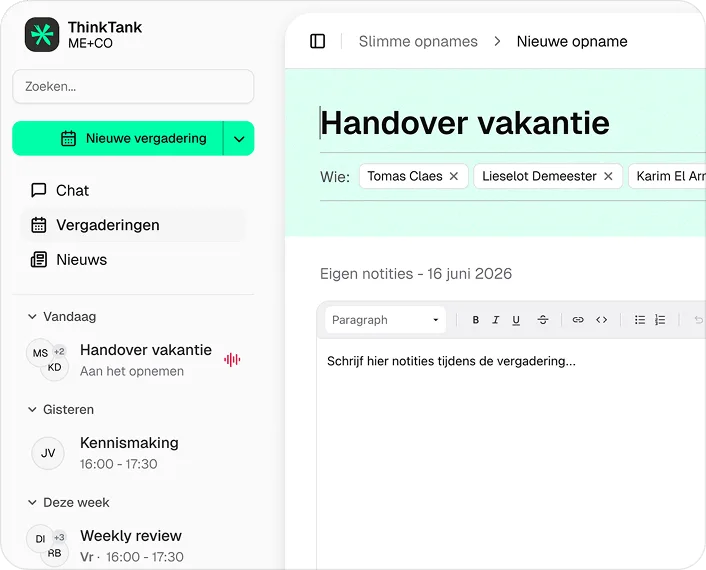 ThinkTank transcripts dashboard met meetingoverzicht