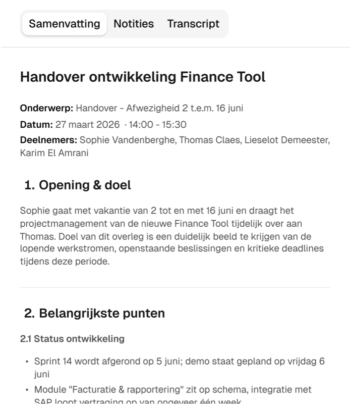 Voorbeeld van een contextbewuste samenvatting na een meeting