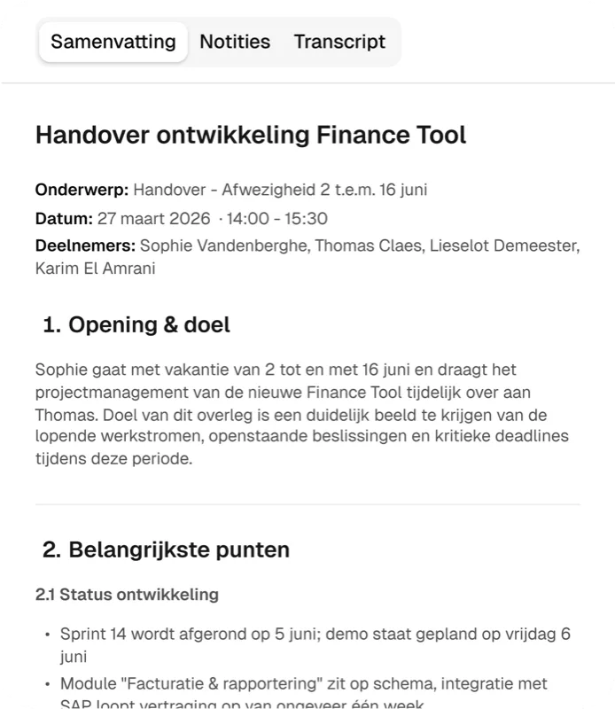 Voorbeeld van een contextbewuste samenvatting na een meeting